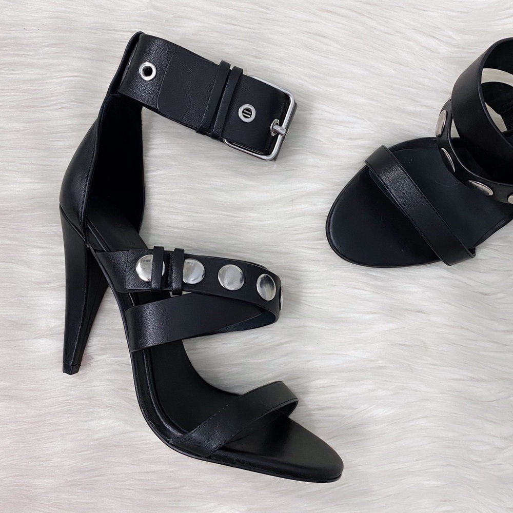 All Saints Black Leather Grommet Manon Heels Pumps